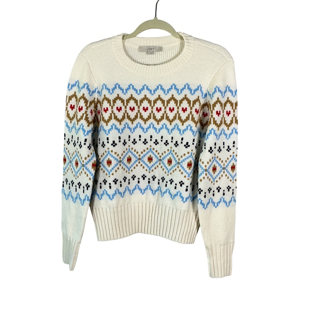 LOFT Womens Fair Isle Heart Pattern Crew Neck Sweater Cream Blue Brown Size M